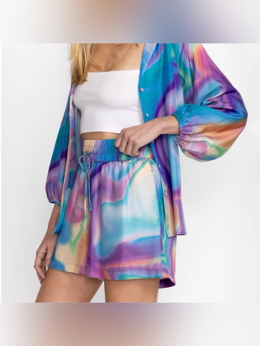 Johnny Was • Merida Rainbow Marble Drawstring Silk Shorts XS NWT